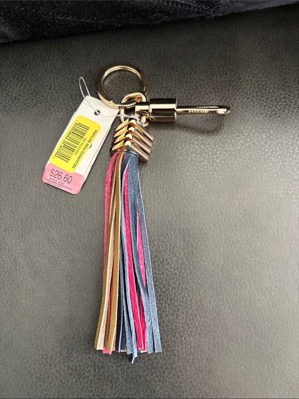 Fossil Gold Tassel Keychain/Purse Charm with Pink, Blue, Tan and Gold Clasp